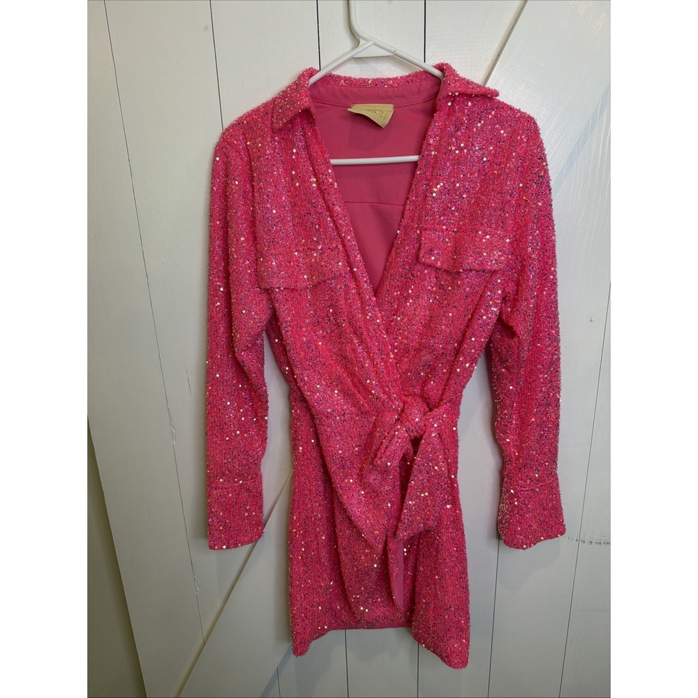 Judith March Hot Pink Sequin Wrap Mini Dress Size SMALL Barbie